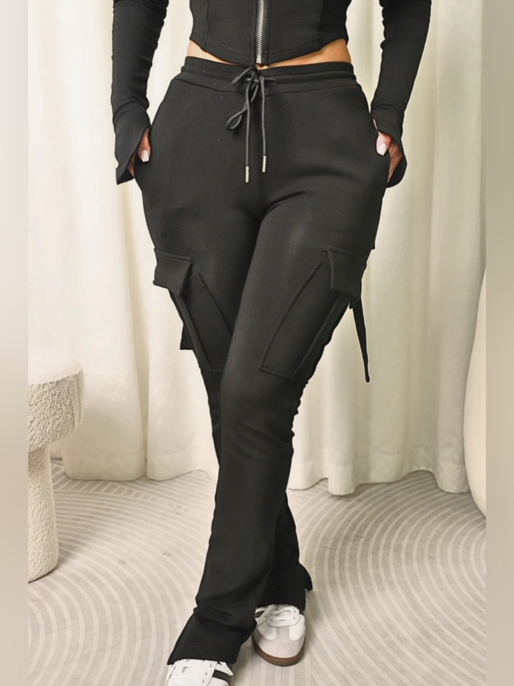 Black Cargo Jogger Pants with Drawstring Waist - Women